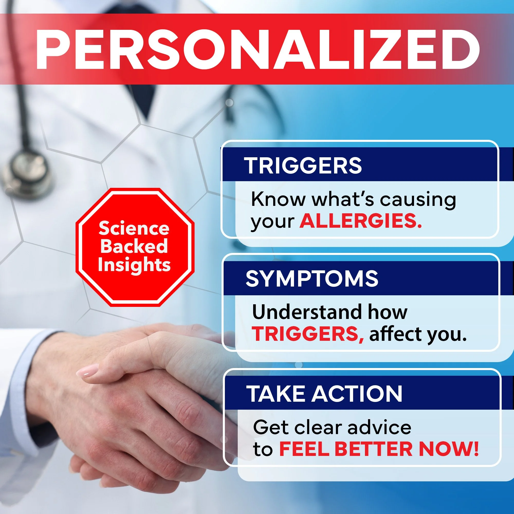 A medical-themed image with the word 'PERSONALIZED' in bold red letters at the top. Below, three sections labeled 'TRIGGERS,' 'SYMPTOMS,' and 'TAKE ACTION' offer advice on managing allergies. A doctor is partially visible in the background, shaking hands with a patient. A red stop sign shape with 'Science Backed Insights' is also displayed.