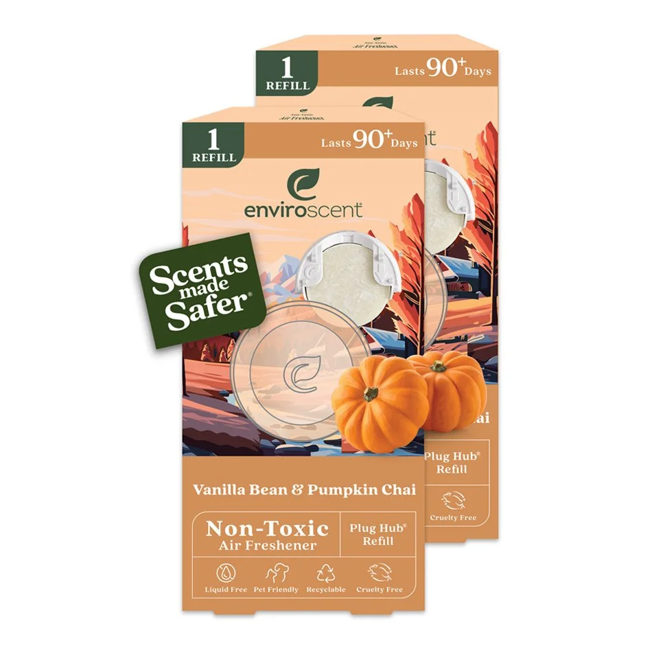 Two boxes of Enviroscent non-toxic air freshener refills in Vanilla Bean & Pumpkin Chai scent, labeled "Scents Made Safer," showcasing eco-friendly features and small pumpkins in the design.