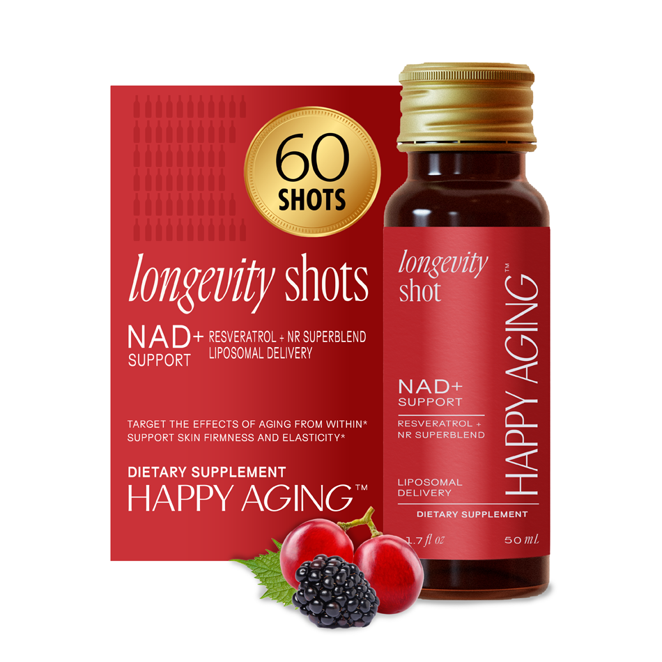 Happy Aging longevity shots product packaging, showing a supplement bottle with NAD+ support, resveratrol, and NR superblend. Includes fruit imagery and highlights liposomal delivery, targeting aging effects and supporting skin firmness.