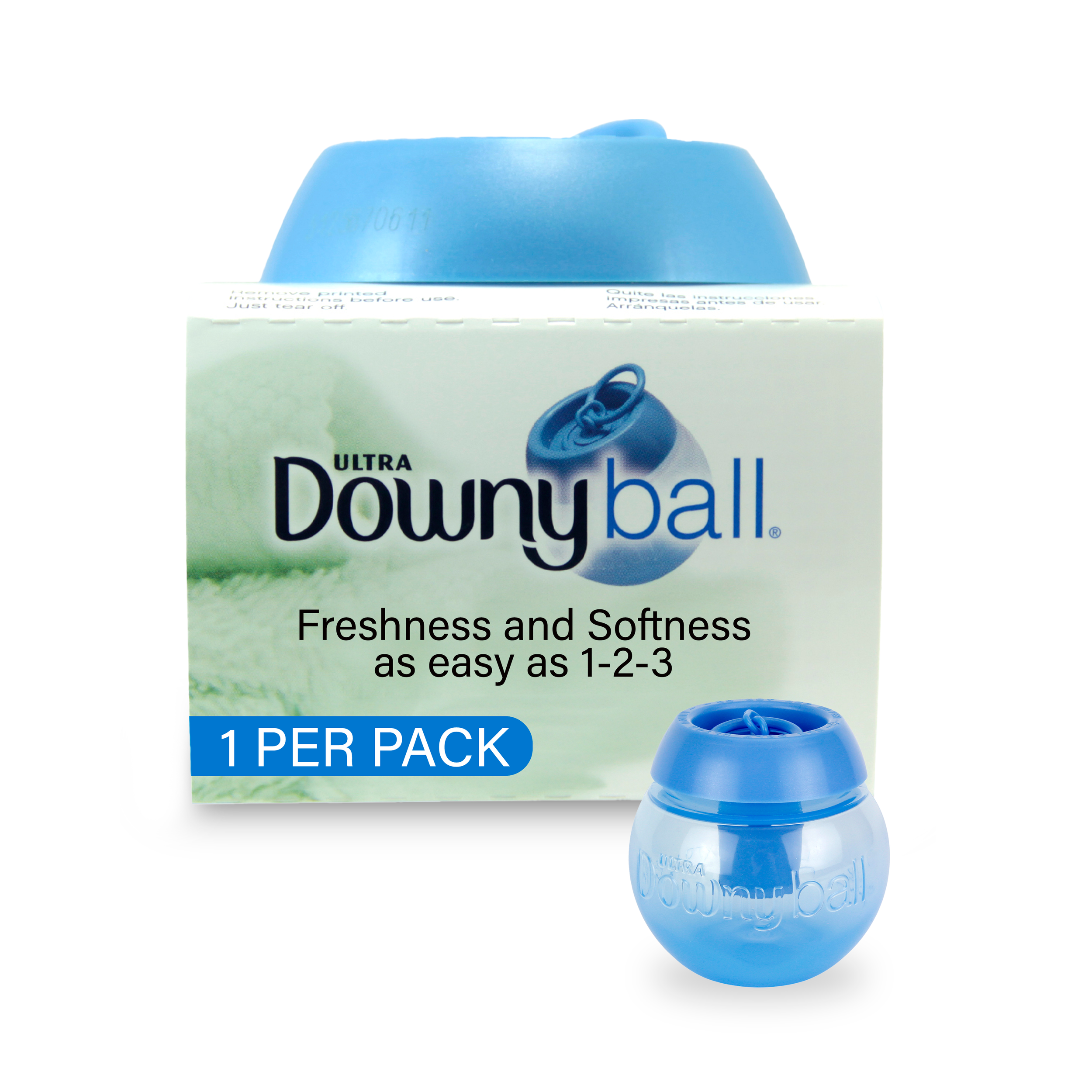 Downy Ball packaging with a blue ball dispenser for laundry.