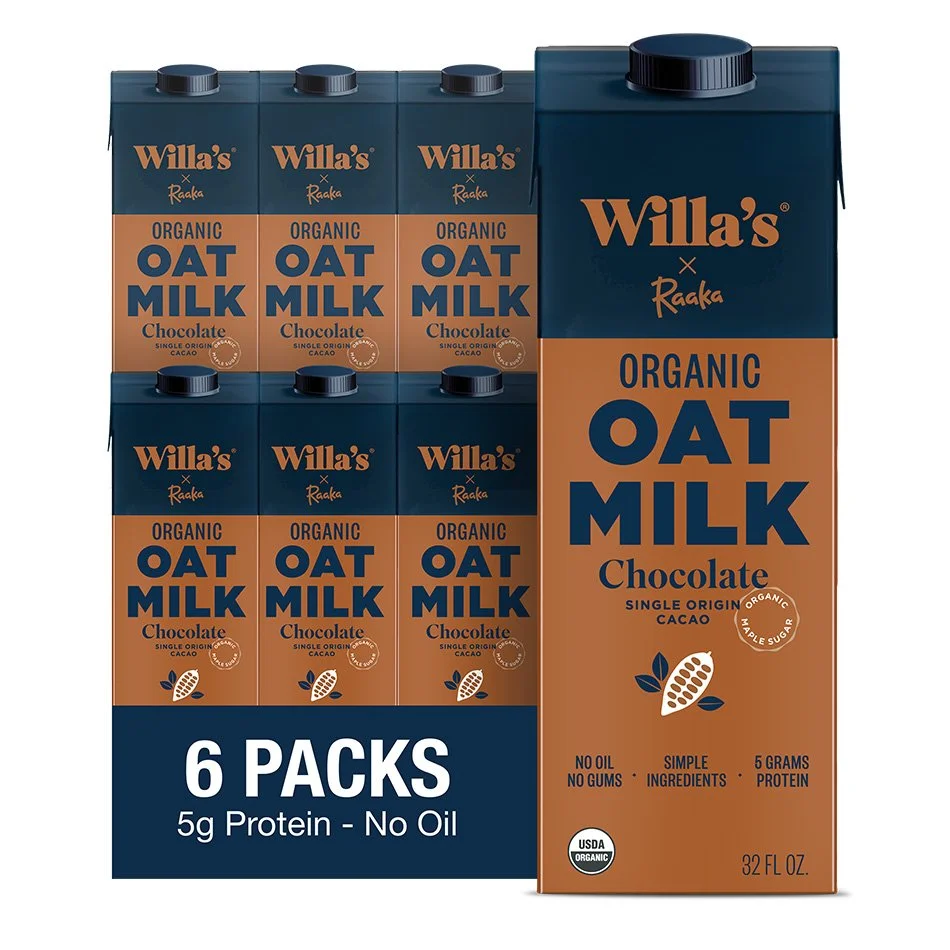 Six-pack of Willa's Organic Chocolate Oat Milk cartons marked with features like no oil, no gums, 5 grams of protein, and USDA Organic certification.