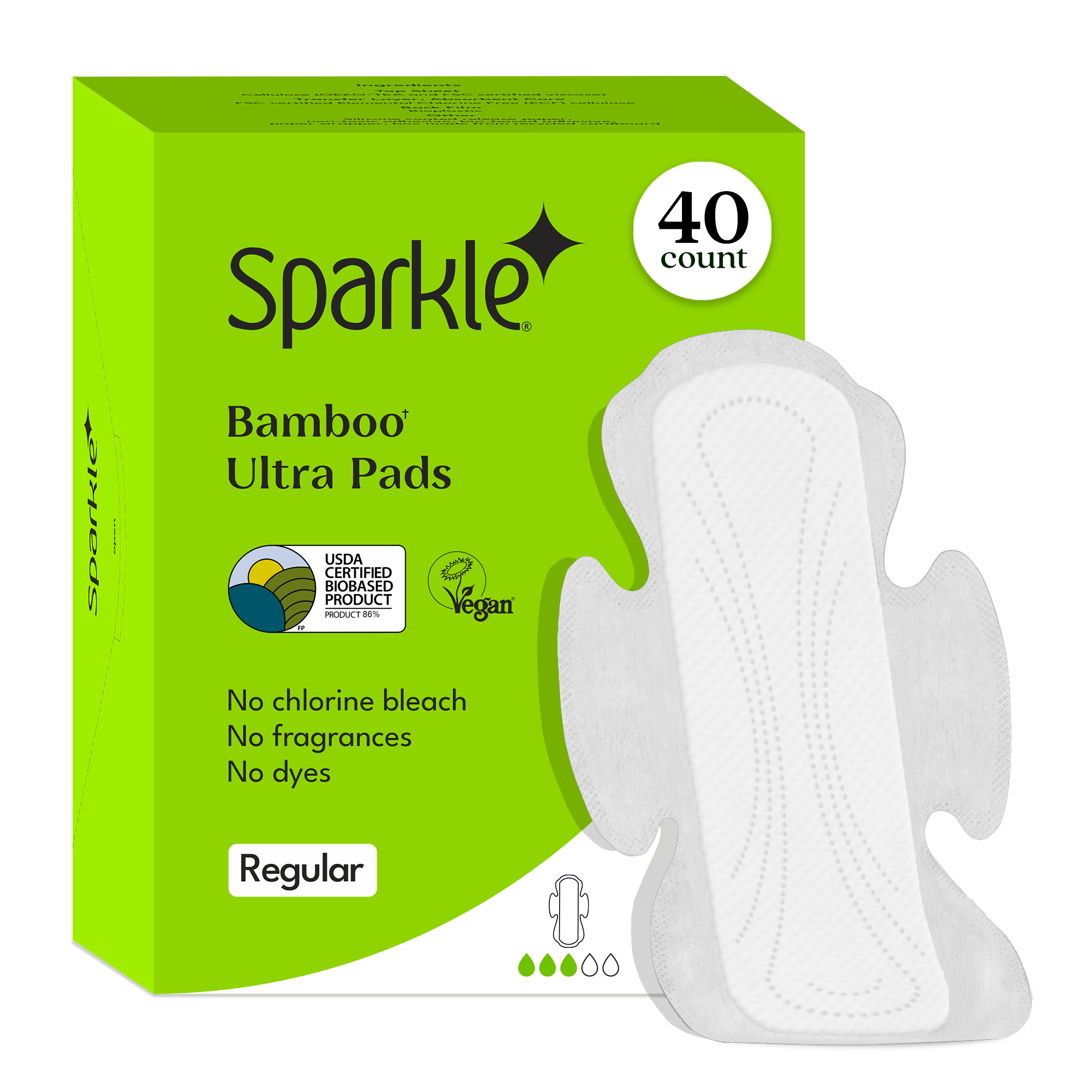 Green box of Sparkle Bamboo Ultra Pads with 40 count, featuring USDA certified bio-based and vegan symbols, alongside a pad illustration.