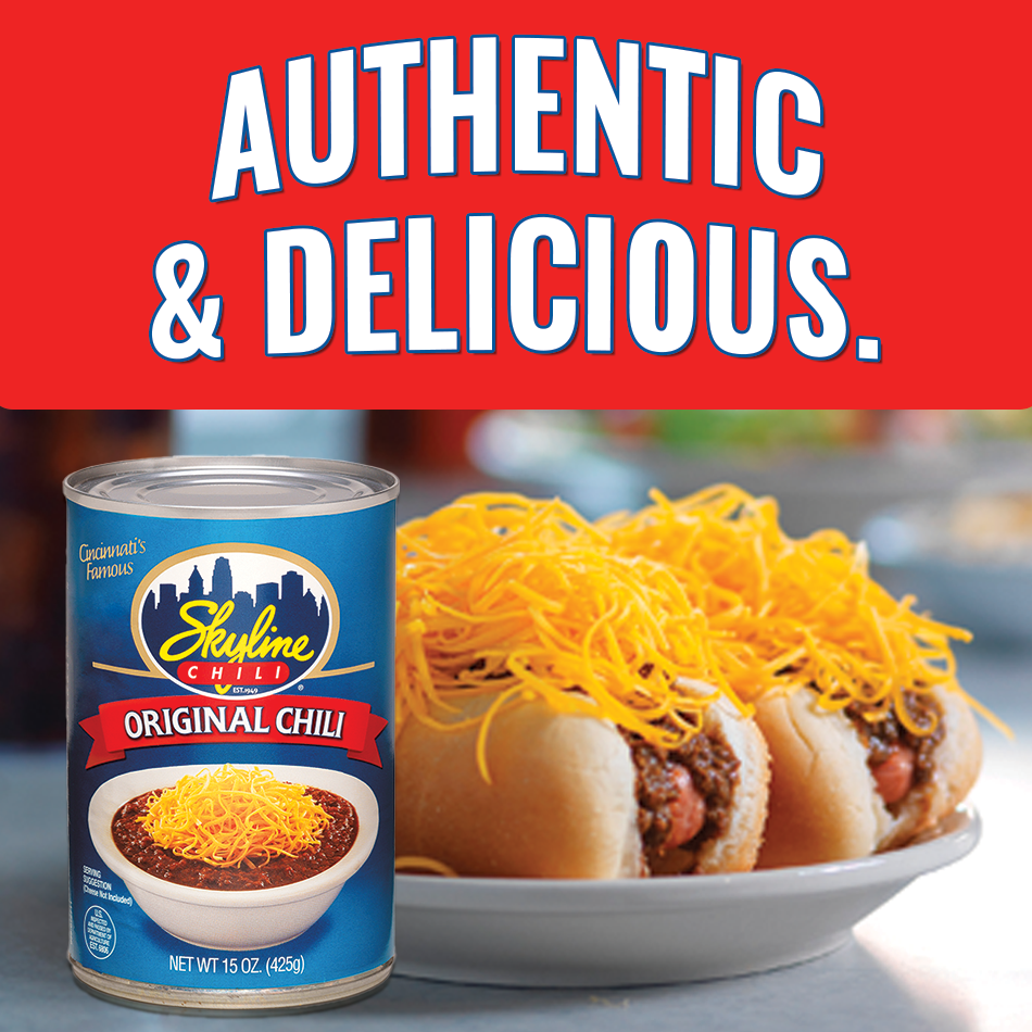 Skyline Chili can and hot dogs with chili and cheese, with 'Authentic & Delicious' text.