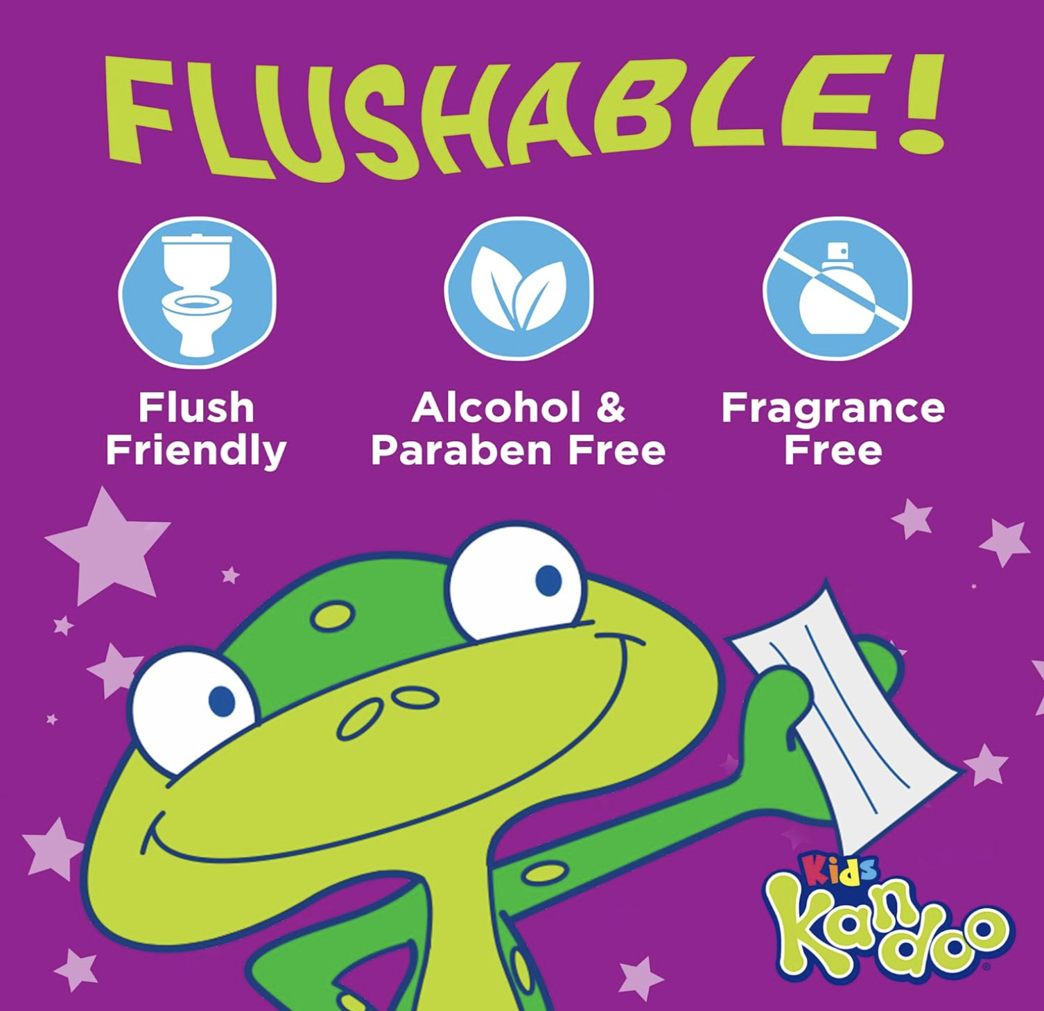 Illustration of a cheerful cartoon frog holding a wipe, labeled "Flushable." Features icons indicating "Flush Friendly," "Alcohol & Paraben Free," and "Fragrance Free" on a purple background.