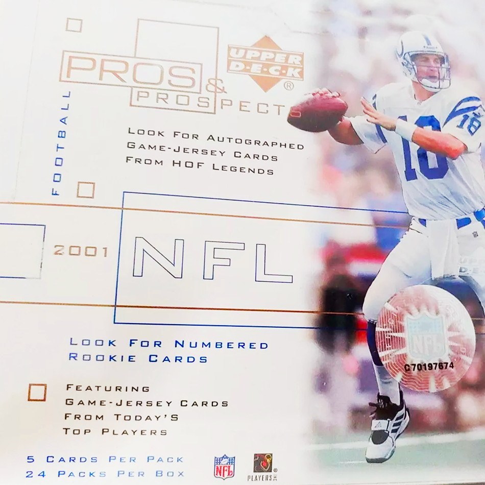 Upper Deck  NFL football card packaging featuring Pros & Prospects series with an image of a football player in action. Promises autographed game-jersey cards from Hall of Fame legends and numbered rookie cards. Includes official NFL and Players Inc logos.