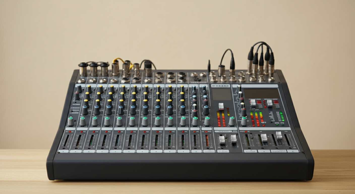 Audio mixing console with multiple input channels, knobs, and faders