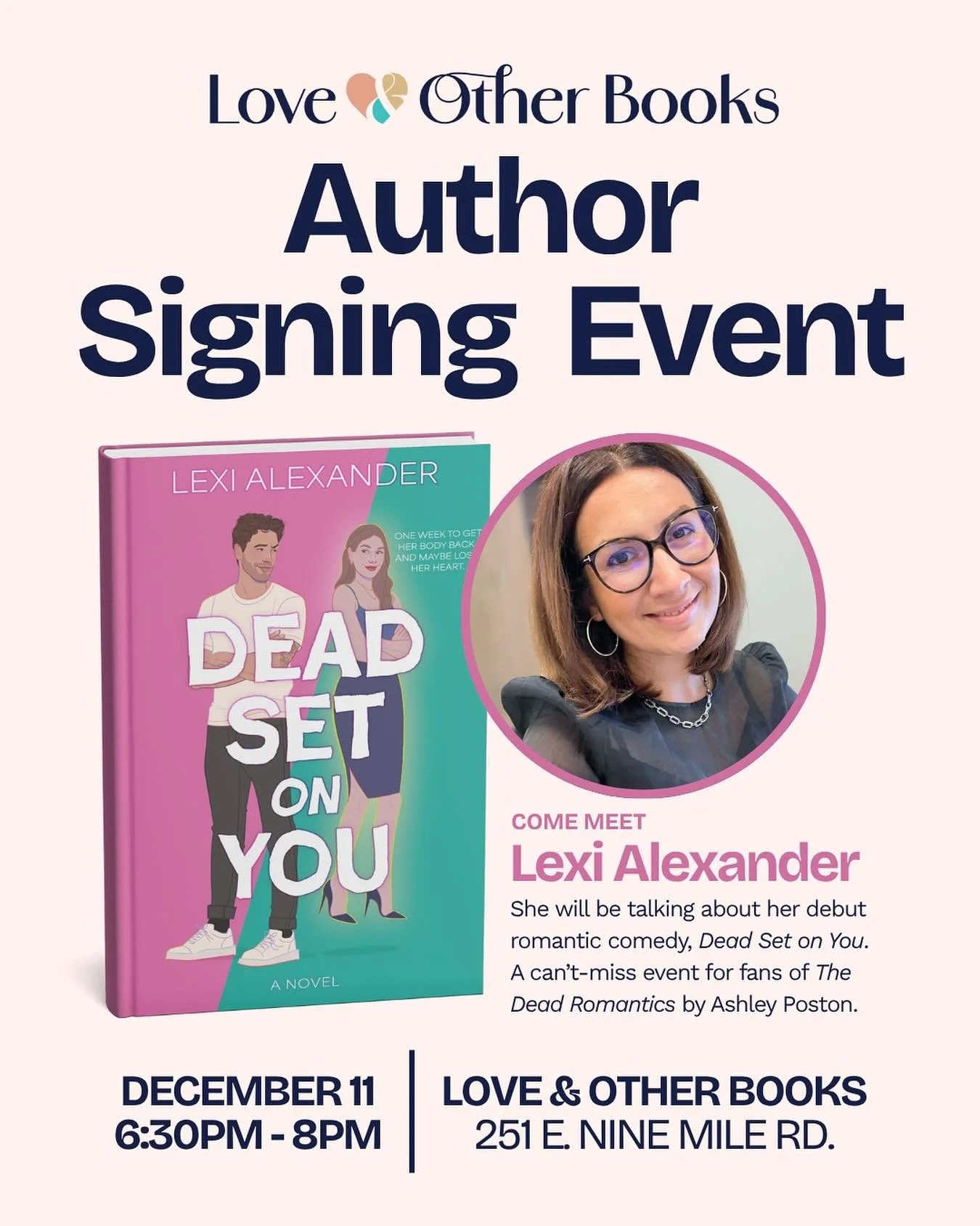 ✨I&rsquo;ll be at Love &amp; Other Books on Dec.11 for a #DeadSetOnYou signing + chat&hellip; complete with spirits (the fun kind 🥂) + snacks!

If you love rivals-to-lovers chaos, chatting about books and supporting super local bookstores, I&rsquo;d