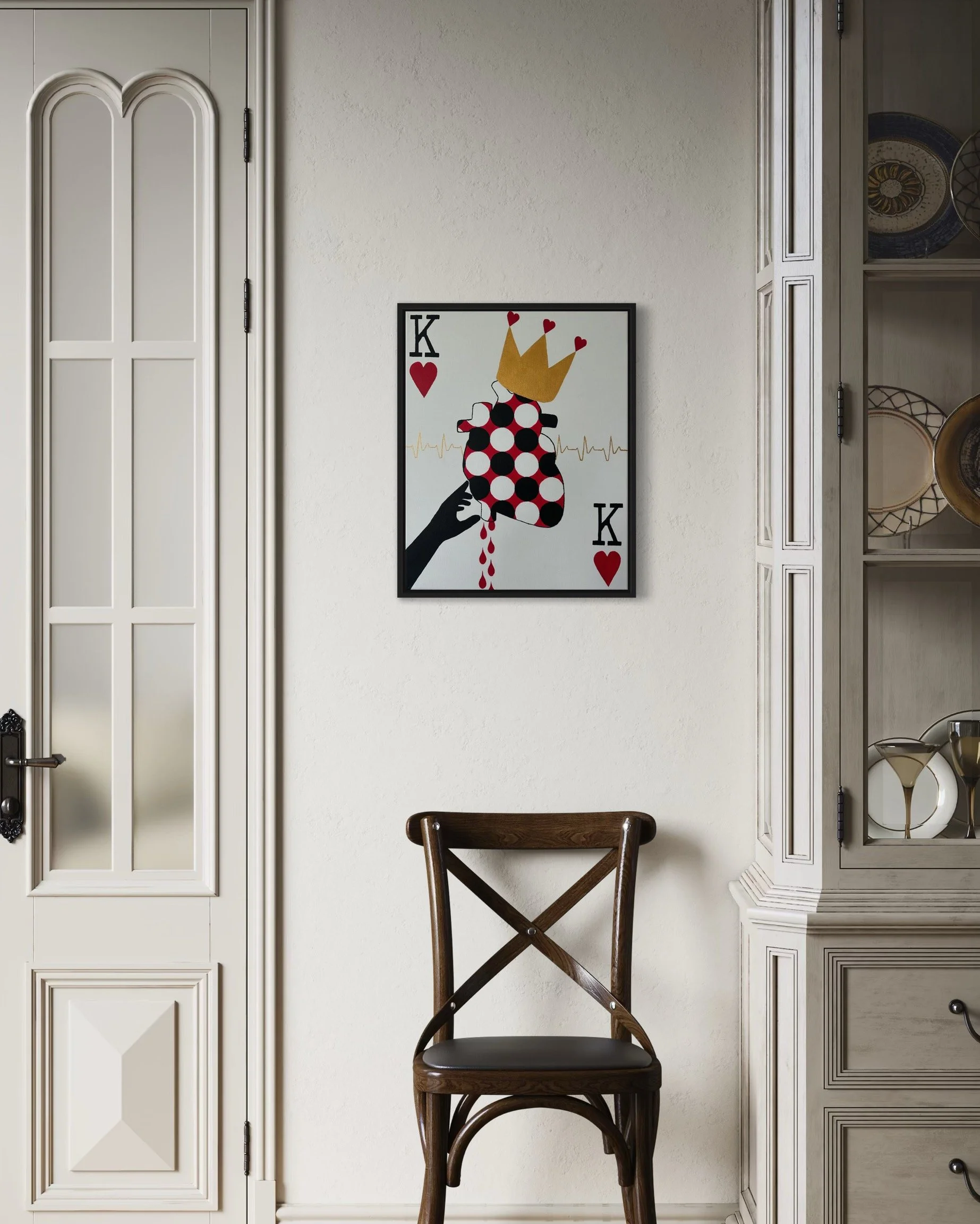 Decorative wall art featuring a stylized depiction of a heart with a crown, surrounded by two king of hearts symbols, a hand holding the heart, and an electrocardiogram line, in a modern living room setting.