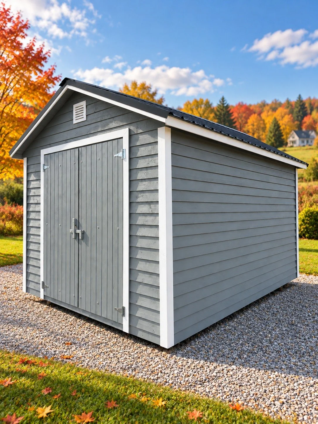 Titan T01 10×16 grey painted Pitch barn with black metal roof.