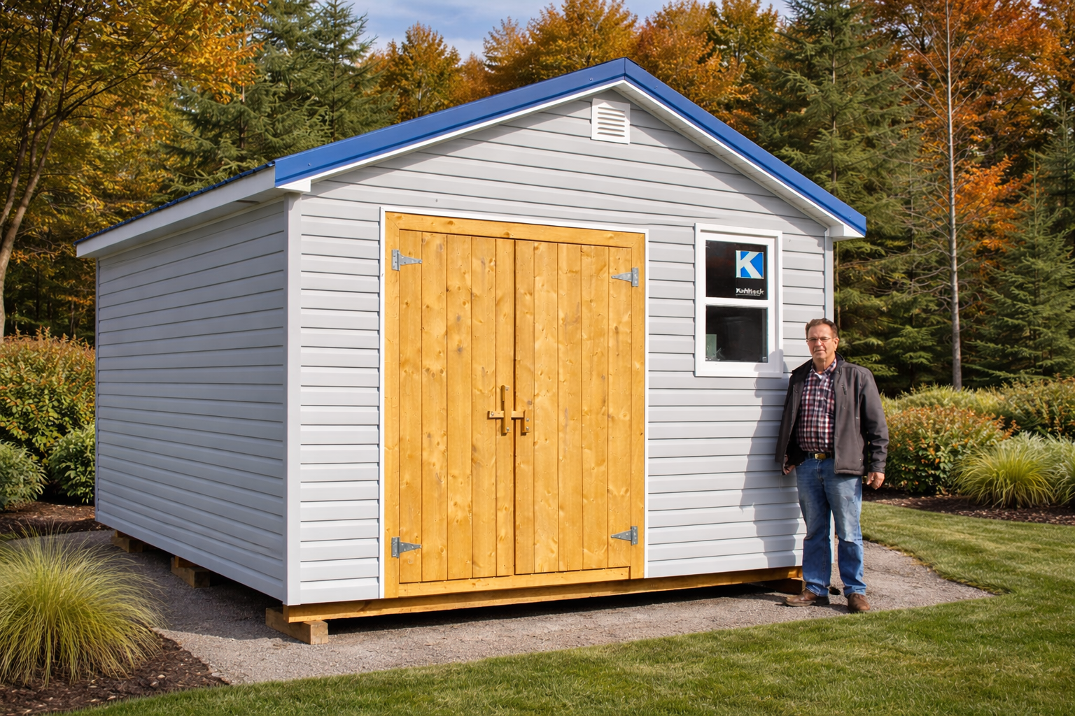 A small white shed with a blue roof and wooden double doors is situated in a landscaped yard with shrubs and trees showing fall foliage. A man stands beside the shed.