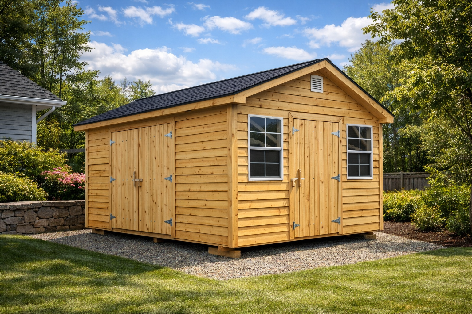 Wooden backyard shed with double doors, two windows, and a vent near the roof, set on a gravel foundation, surrounded by green grass and trees.