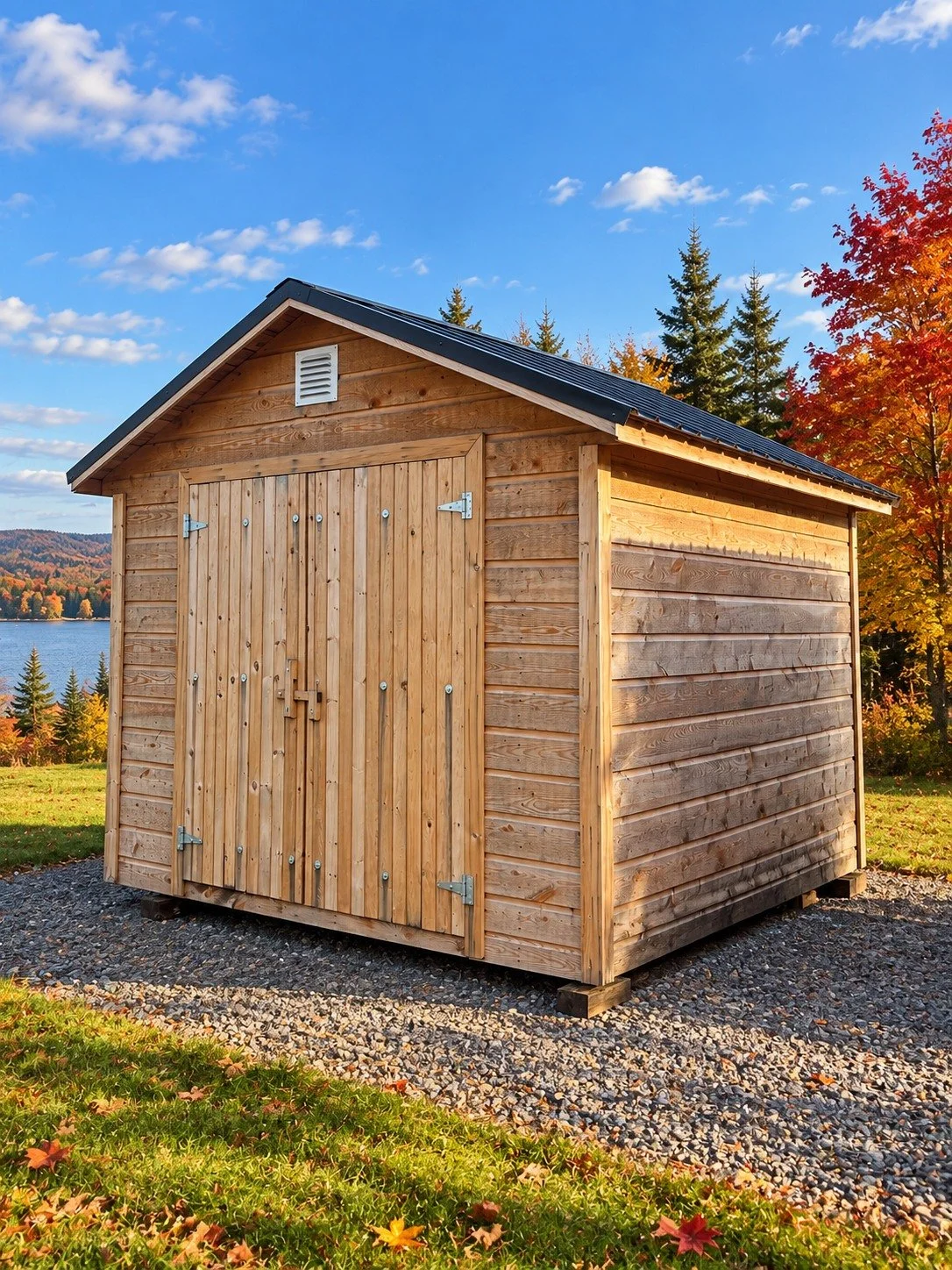 Titan T12 10×12 natural wood Pitch barn with black metal roof.