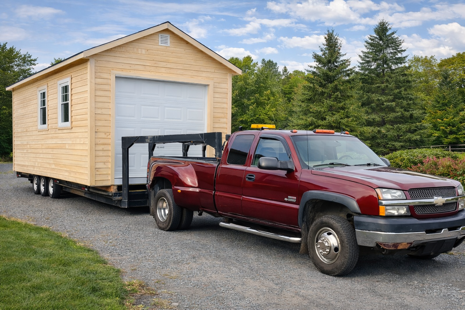 A red pickup truck towing a small, light-colored wooden shed on a trailer.