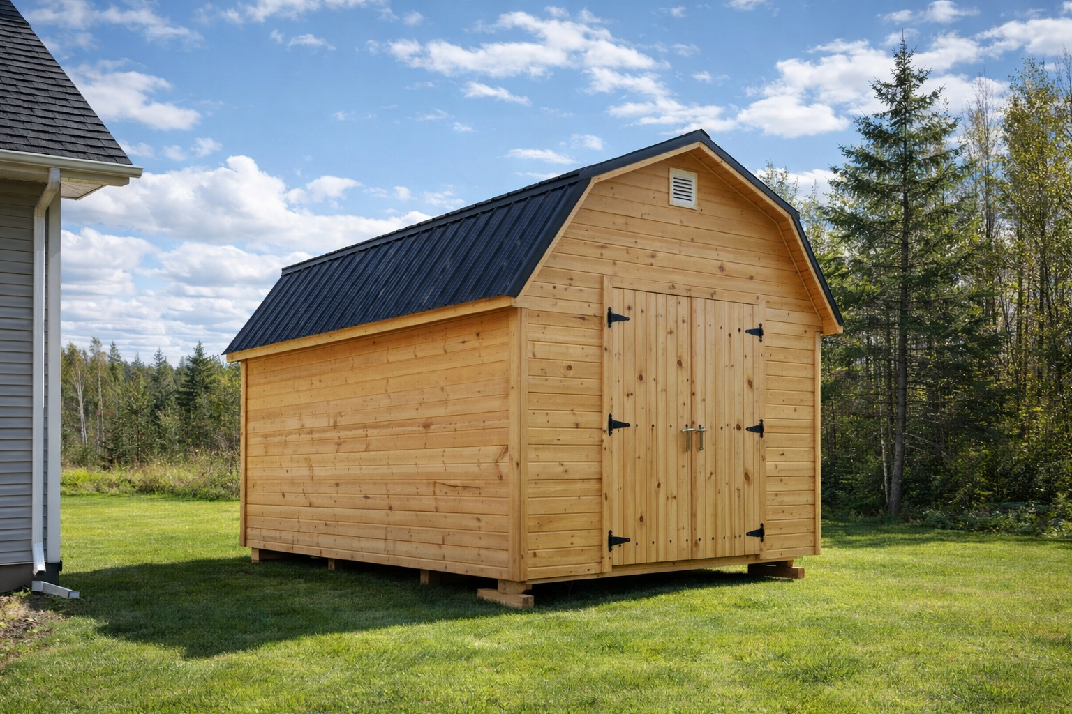 A wooden garden shed with a black metal roof, situated on a grassy yard near trees under a partly cloudy sky.