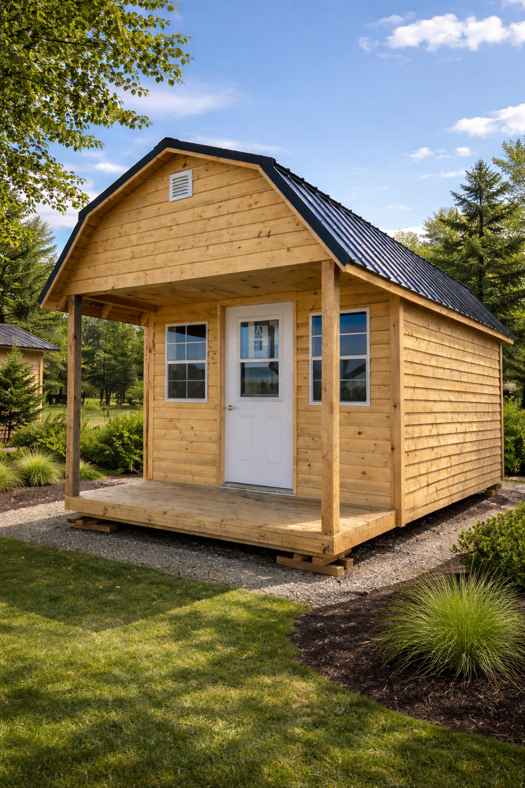 Small wooden house with a metal roof and front porch, surrounded by greenery and trees under a blue sky.