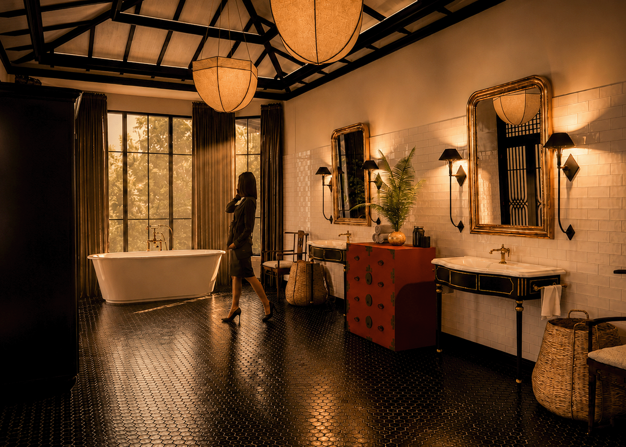 A luxurious bathroom with a freestanding bathtub, large windows with dark curtains, and warm lighting. There are two mirrors with gold frames, multiple black wall sconces, and a potted plant on a red cabinet. The ceiling has wooden beams and hanging paper lamps, with a black hexagonal tile floor.