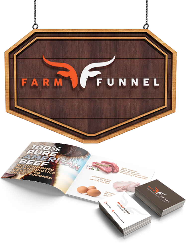 A wooden sign with the logo of Farm Funnel, featuring stylized orange and white animal heads, hanging with brochures below it. The brochures display images of beef, eggs, and meat.