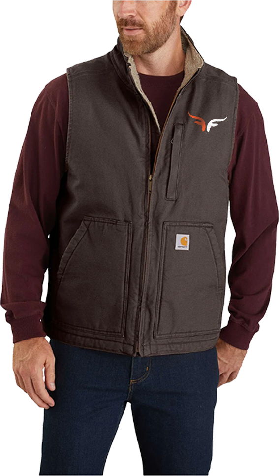 Man wearing a black Carhartt vest over a maroon long-sleeve shirt, with logos on the vest.