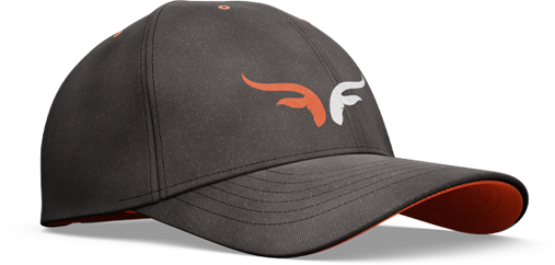Black baseball cap with orange and white logo on front, orange underside of the brim.
