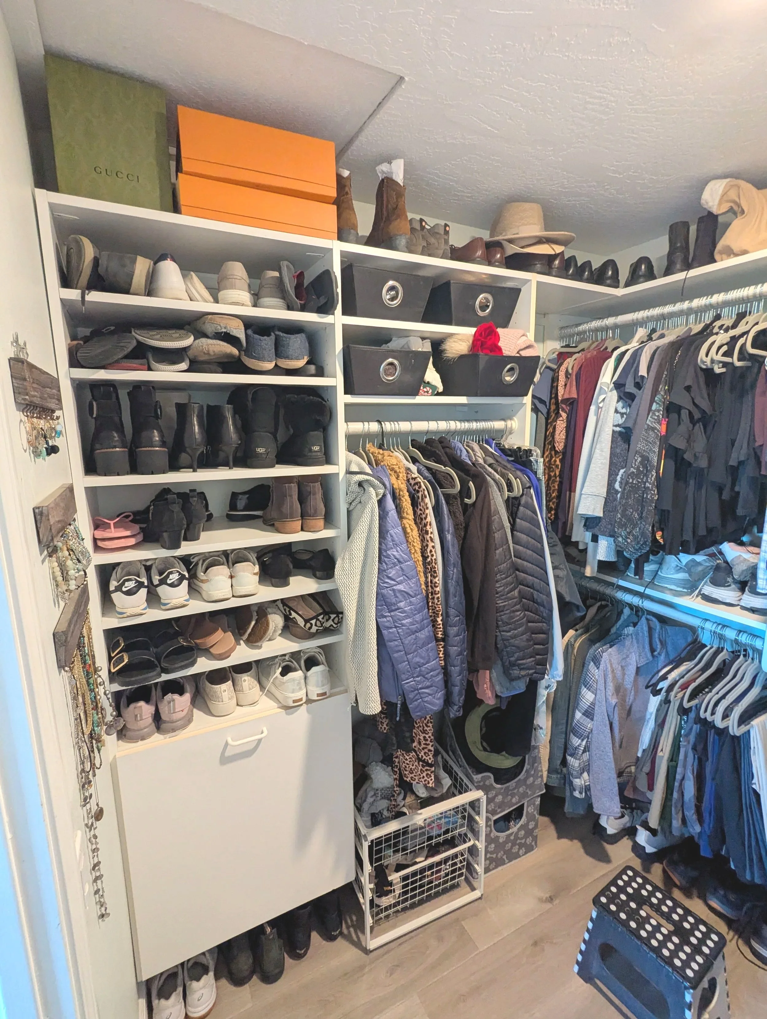 Before-and-after style walk-in closet organization with built-in shelves and shoe storage by a professional organizer in San Diego.