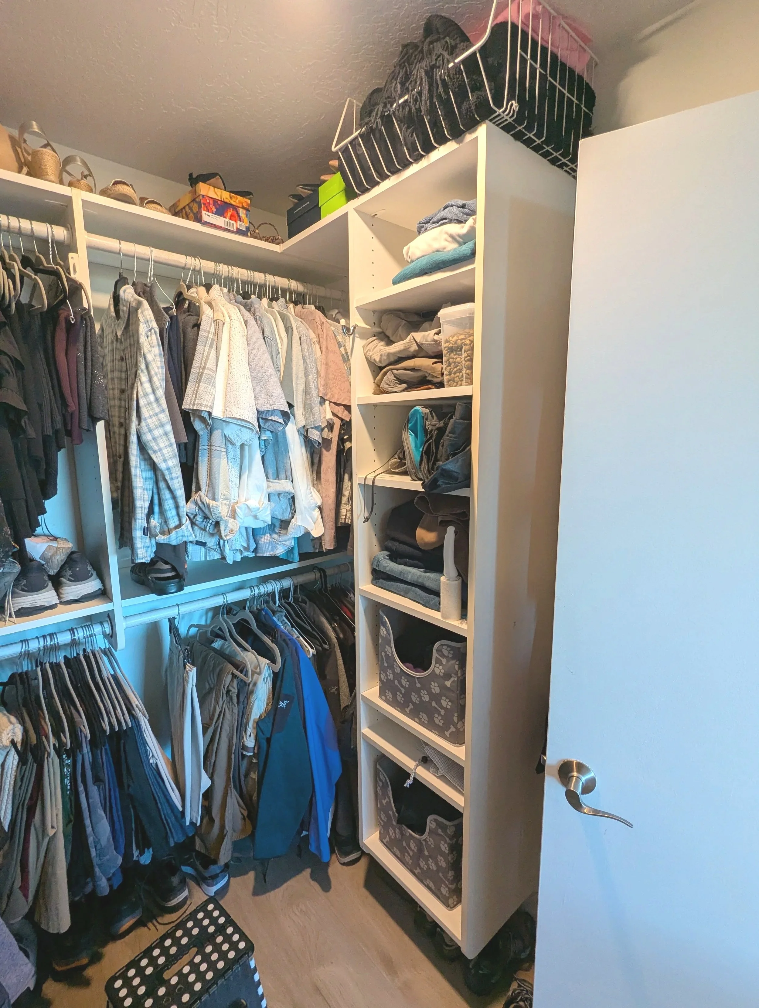 Before-and-after style walk-in closet organization with built-in shelves and shoe storage by a professional organizer in San Diego.