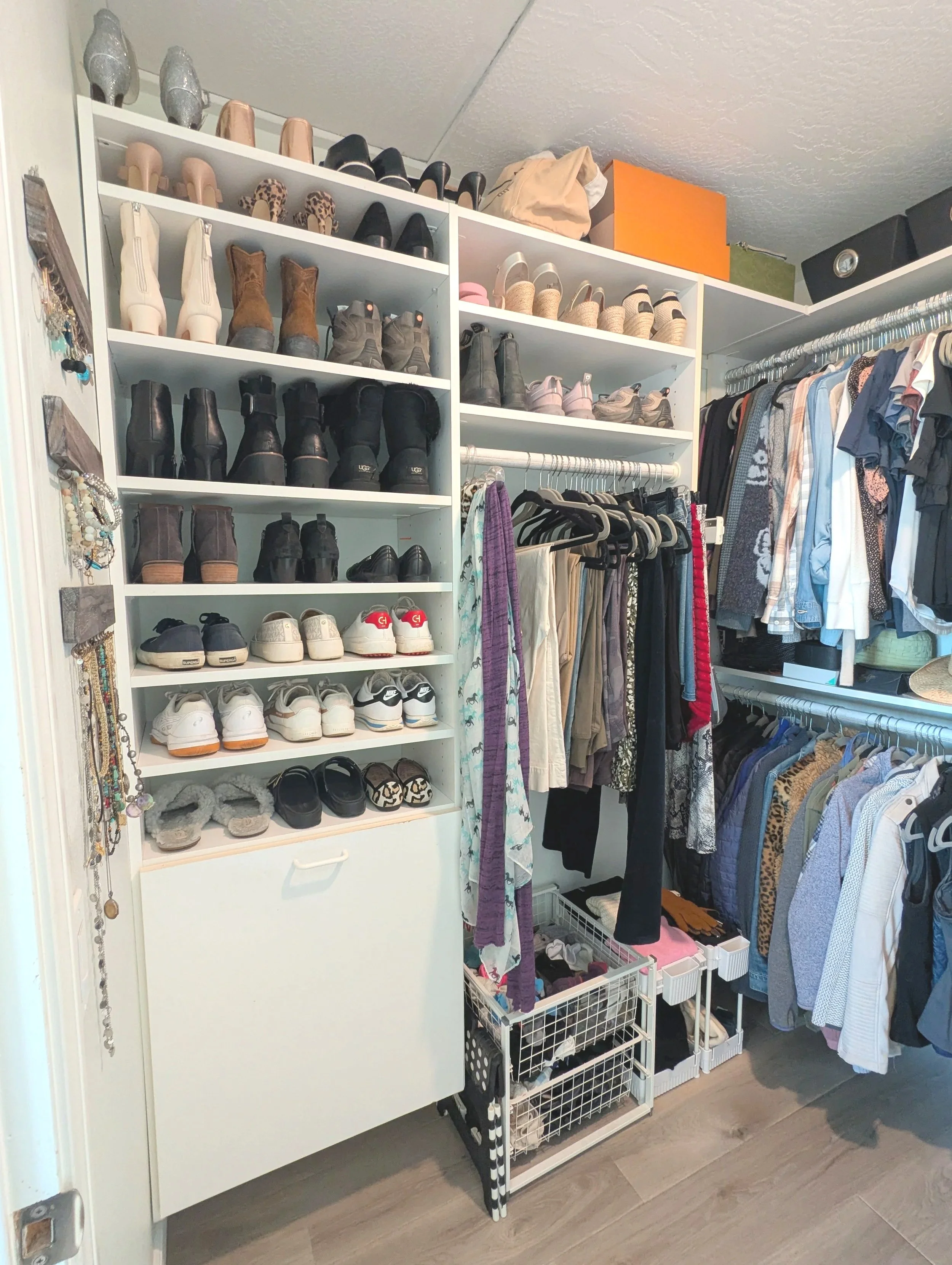 Before-and-after style walk-in closet organization with built-in shelves and shoe storage by a professional organizer in San Diego.