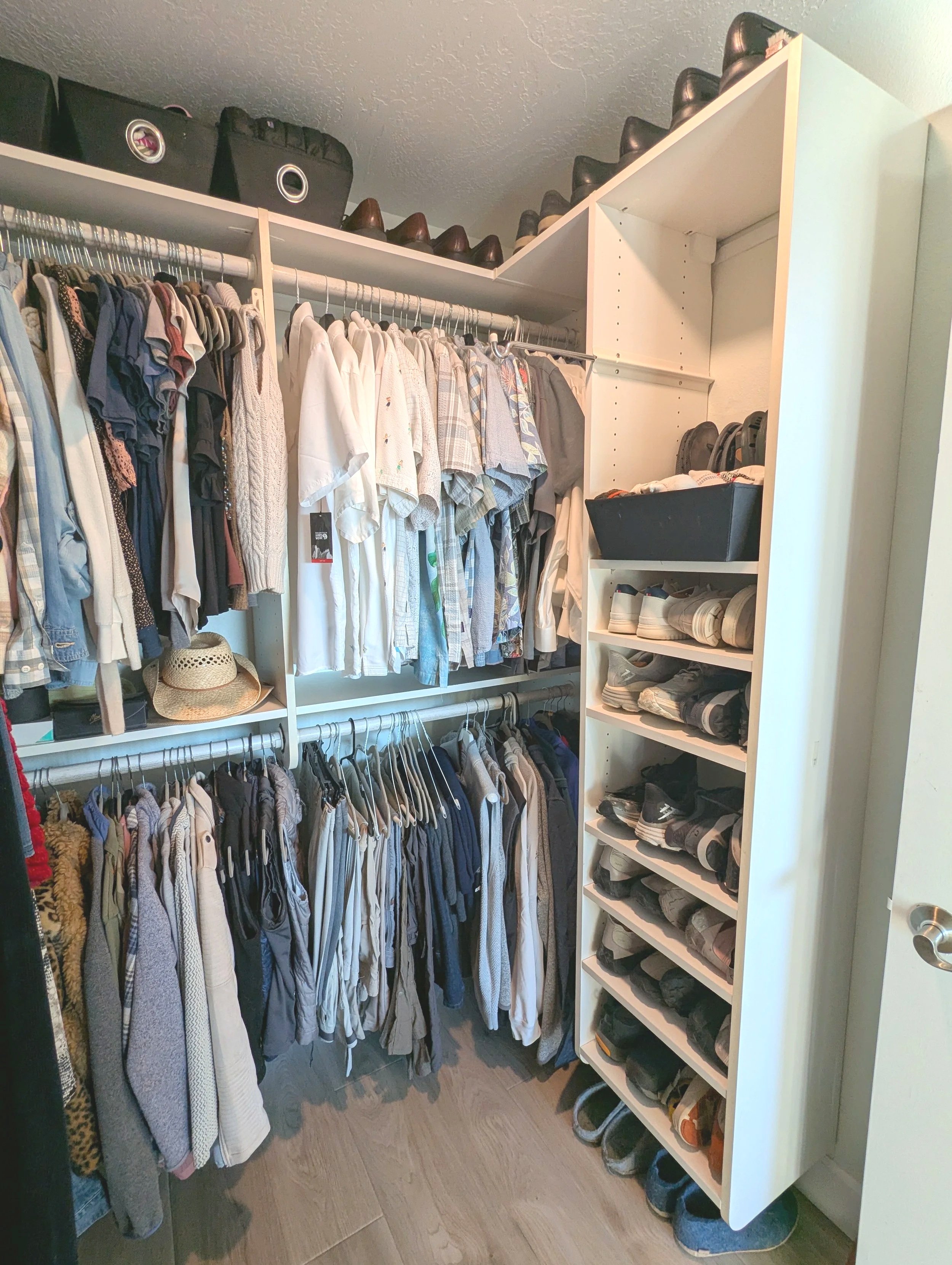 Before-and-after style walk-in closet organization with built-in shelves and shoe storage by a professional organizer in San Diego.