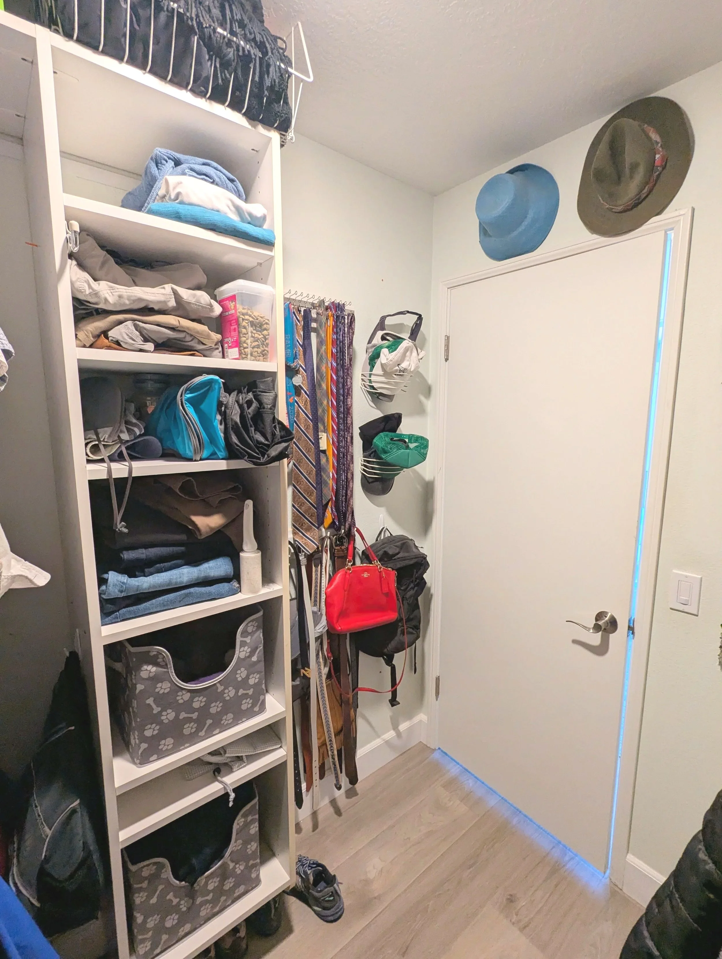 Before-and-after style walk-in closet organization with built-in shelves and shoe storage by a professional organizer in San Diego.