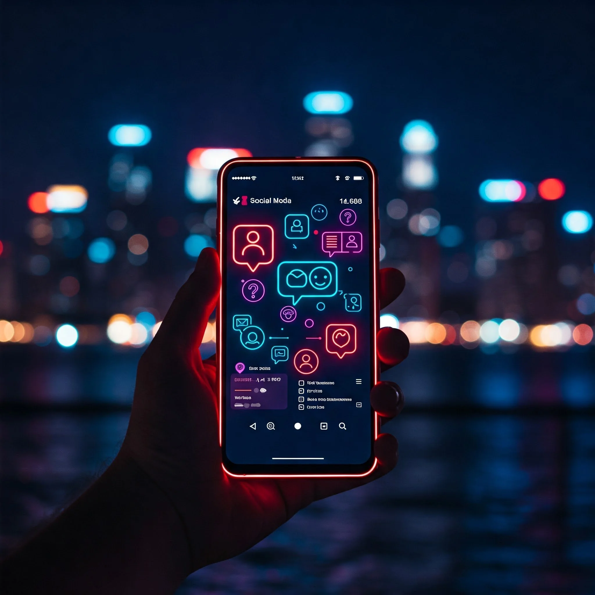 A hand holding a smartphone with a social media app displaying glowing icons, set against a blurred city lights background.