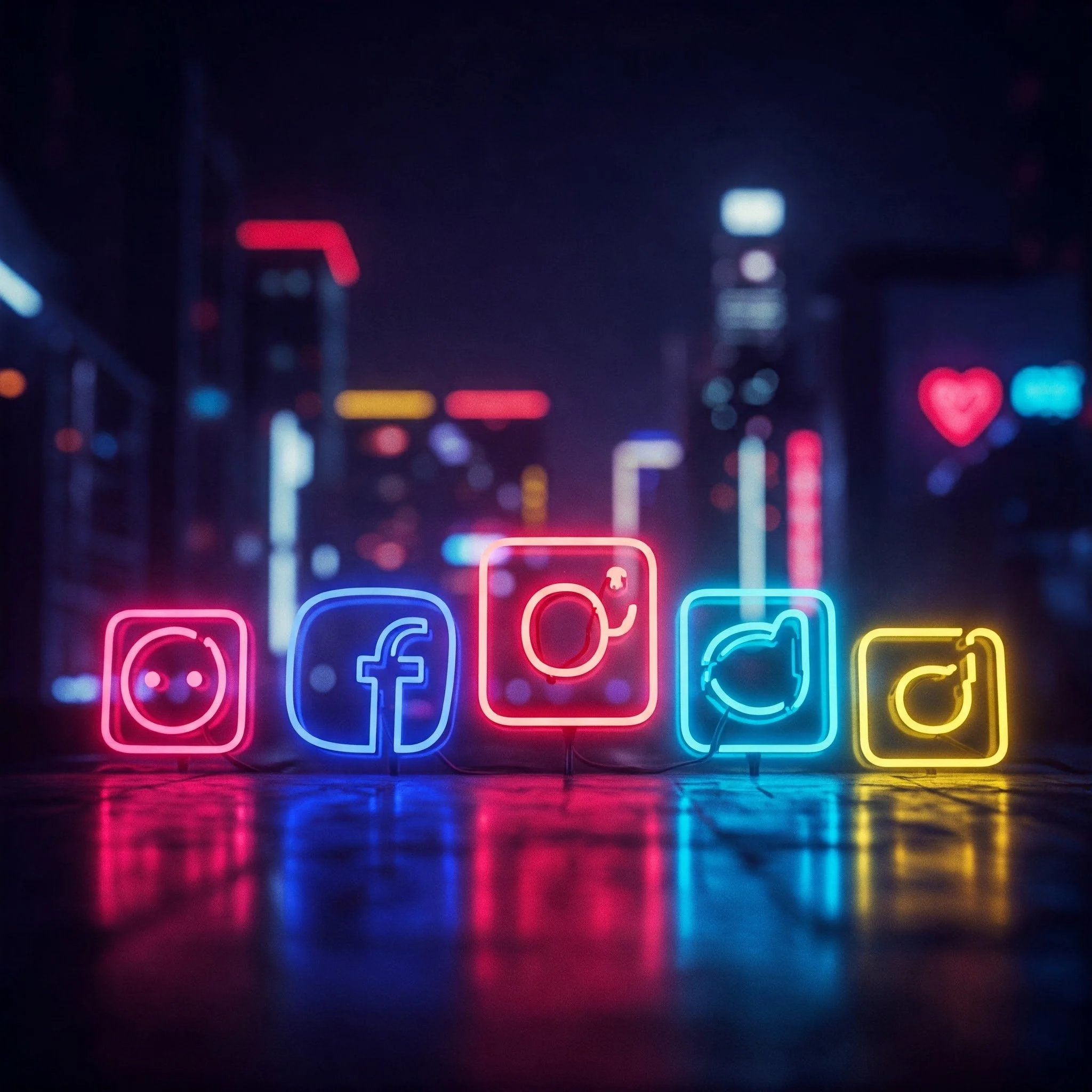 Neon social media icons against a blurred city background.