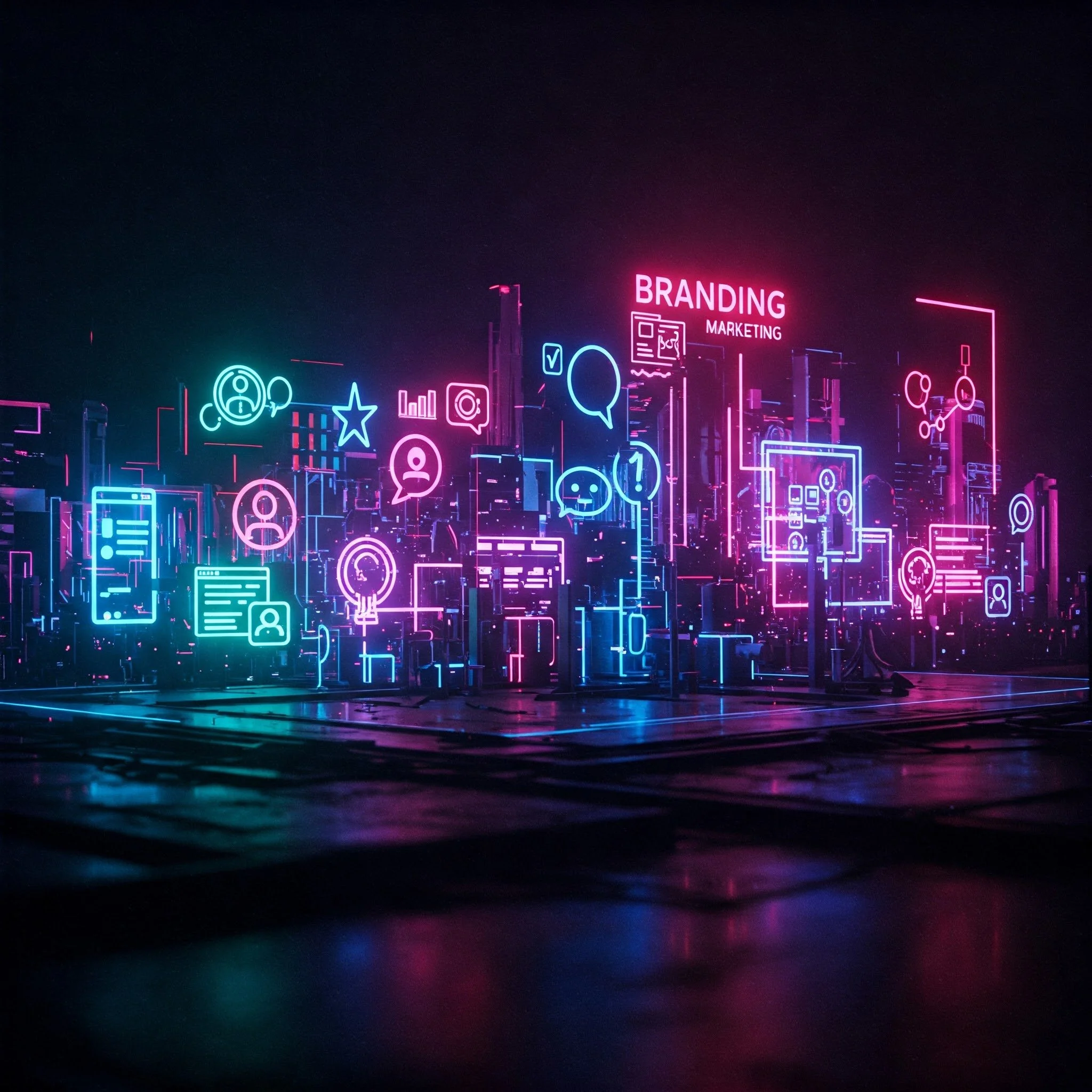 "Neon city skyline with digital marketing icons and the text 'BRANDING' and 'MARKETING'."