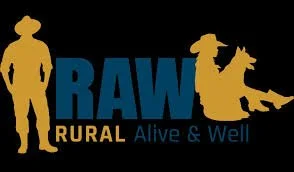 The image features a logo for RAW Rural, with a silhouette of a person on the left and a silhouette of a person riding a horse on the right, with the text 'RAW RURAL Alive & Well' in between.