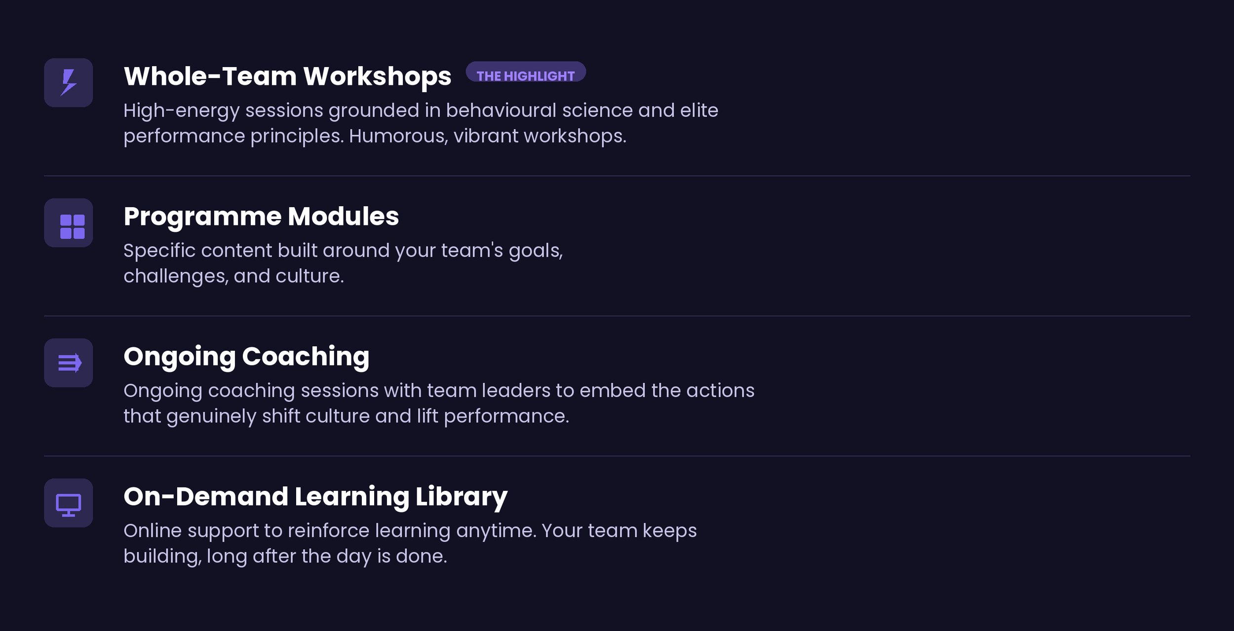A section of a website or presentation listing various team development programs, including Whole-Team Workshops, Programme Modules, Ongoing Coaching, and On-Demand Learning Library, each with descriptive text.