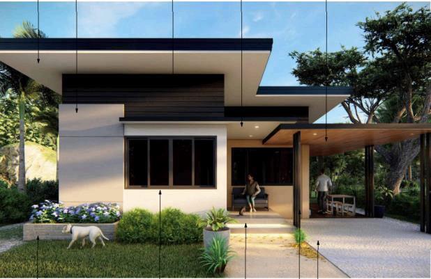 Modern house with a flat roof, large windows, front porch, and outdoor seating area, surrounded by trees and greenery.