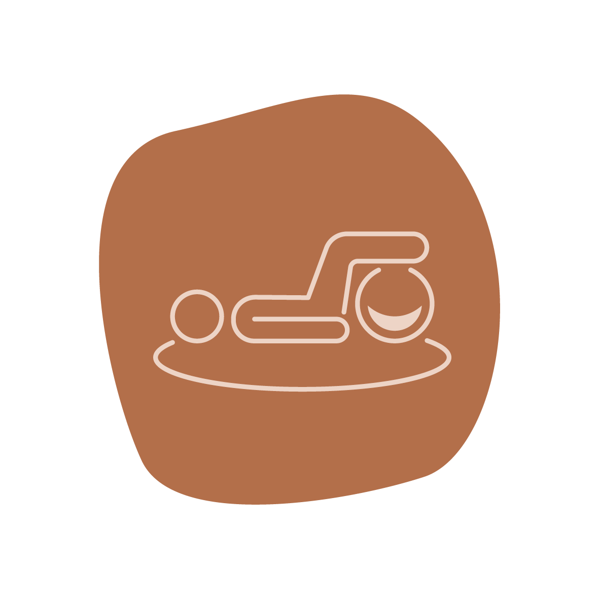Minimalist illustration of a wheelchair on a brown rounded background.