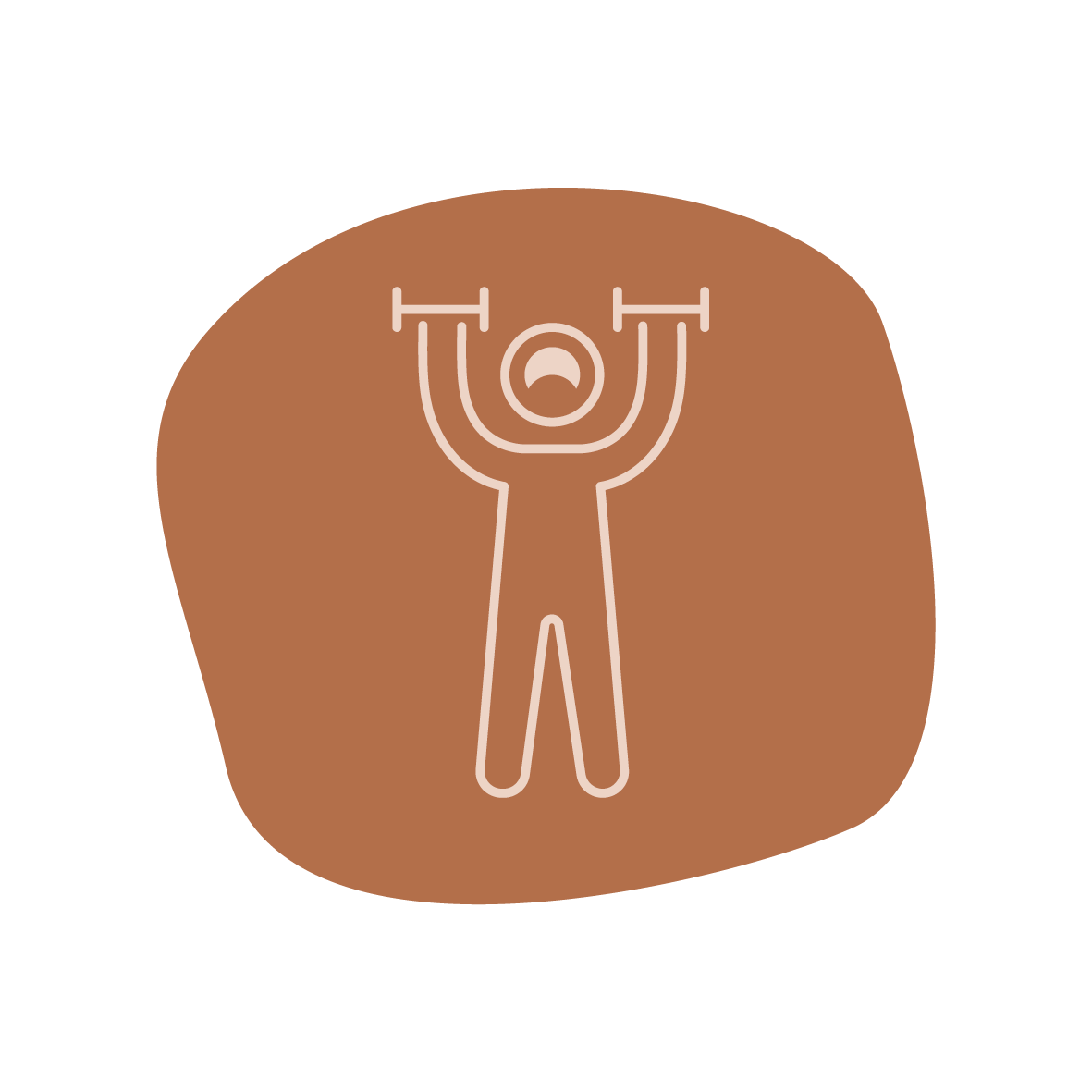 Line art drawing of a person lifting a barbell, set against a brown irregular shape background.