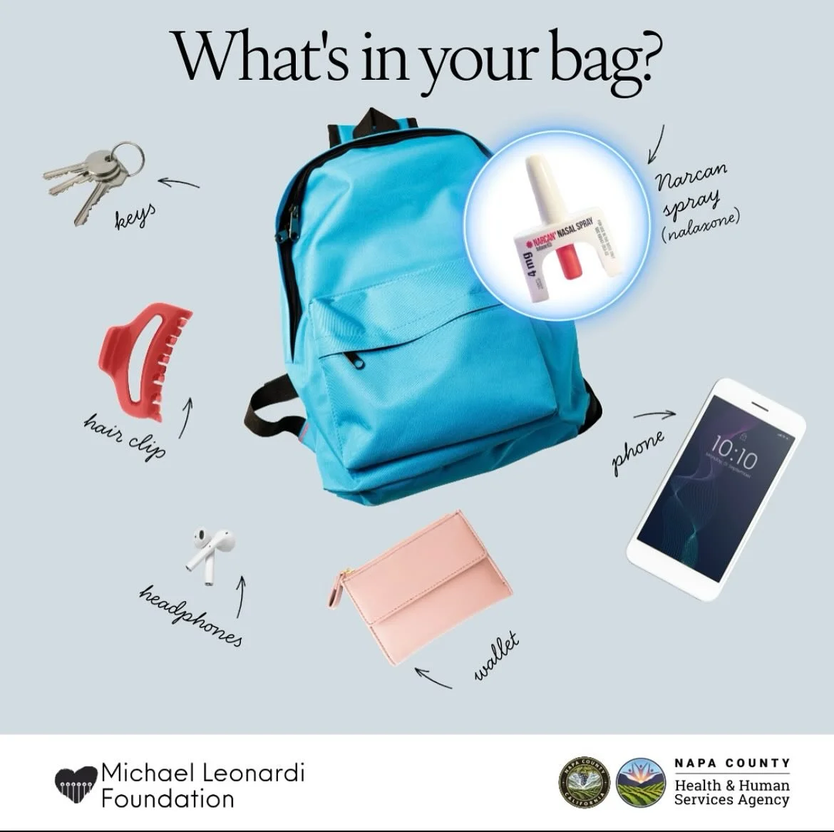 What’s in your bag?
Keys? Wallet? Phone? Naloxone?
It’s one more thing that says you’re ready.  Ready to help, ready to care, ready to make a difference.
Because carrying naloxone means you’re the kind of person who looks ou