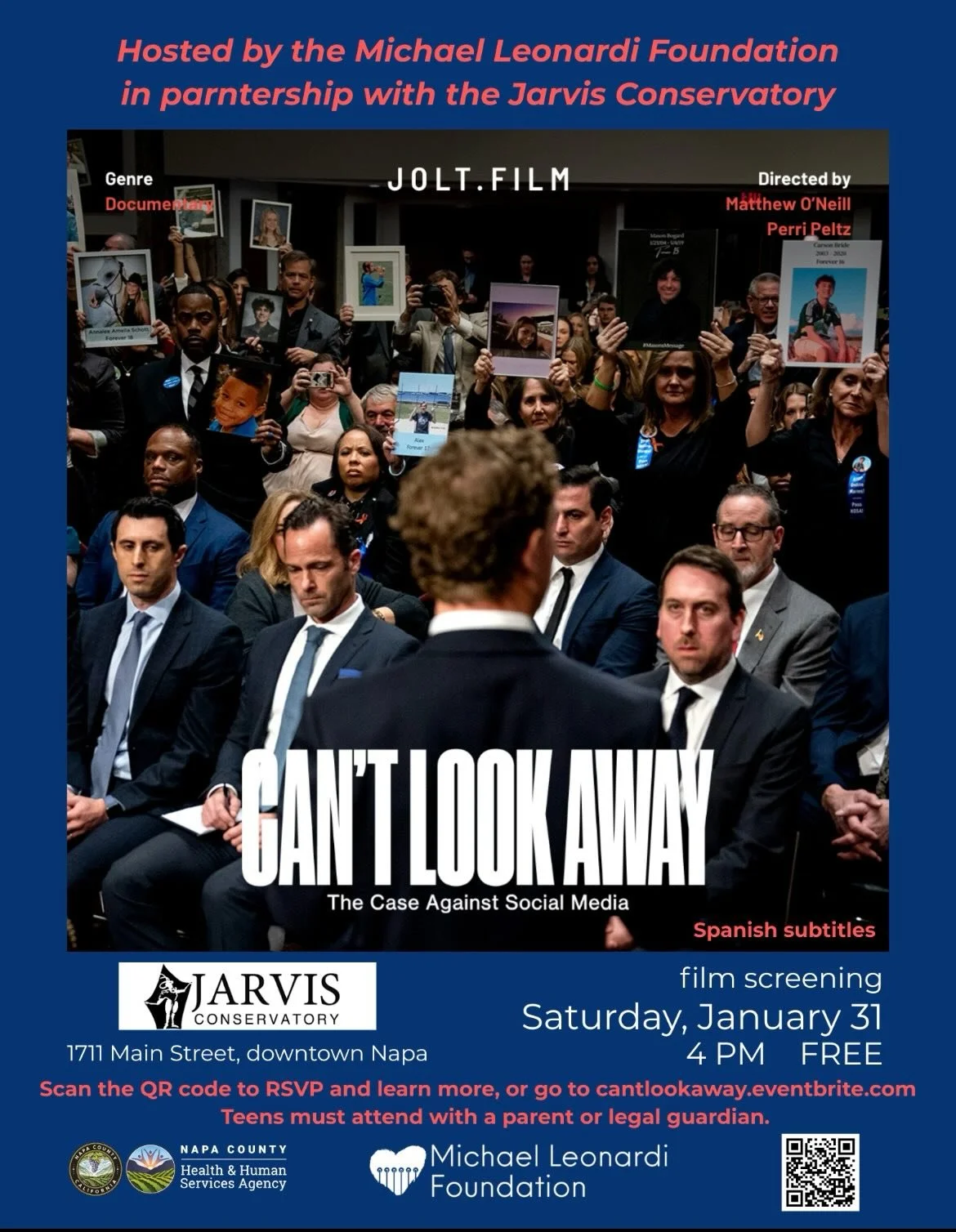 CAN&rsquo;T LOOK AWAY: The Case Against Social Media Documentary Film | Saturday, January 31, 2026 | 4:00 PM | FREE

Jarvis Conservatory
1711 Main St, Downtown Napa

Exposing the dark side of social media and its devastating impact on young users, CA