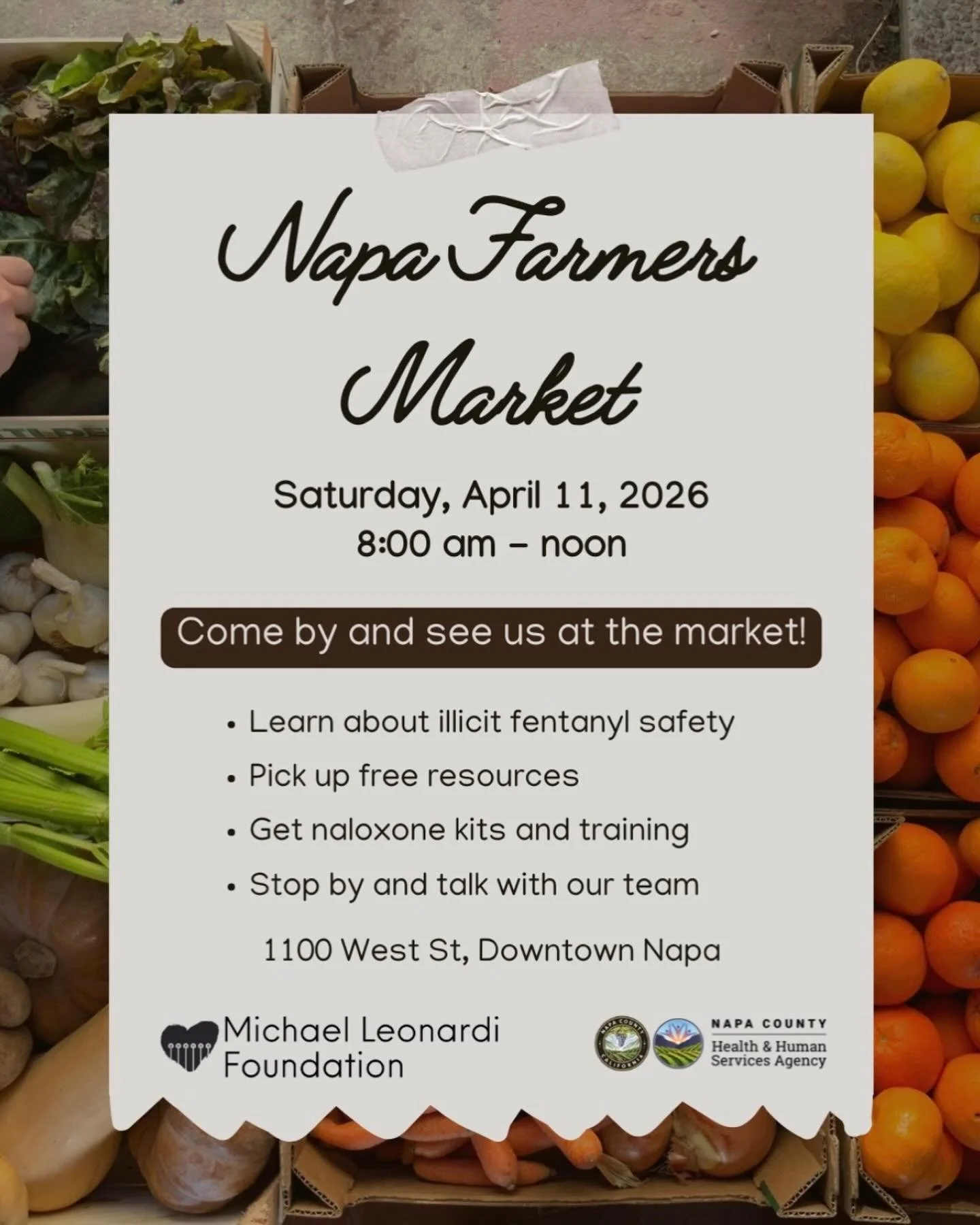 We&rsquo;ll be at the @napafarmersmkt this Saturday, April 11th from 8am-noon.

Stop by to learn more about llicit ifentanyl safety, pick up free resources, and connect with our team. We&rsquo;ll also have naloxone kits and training available.

We lo