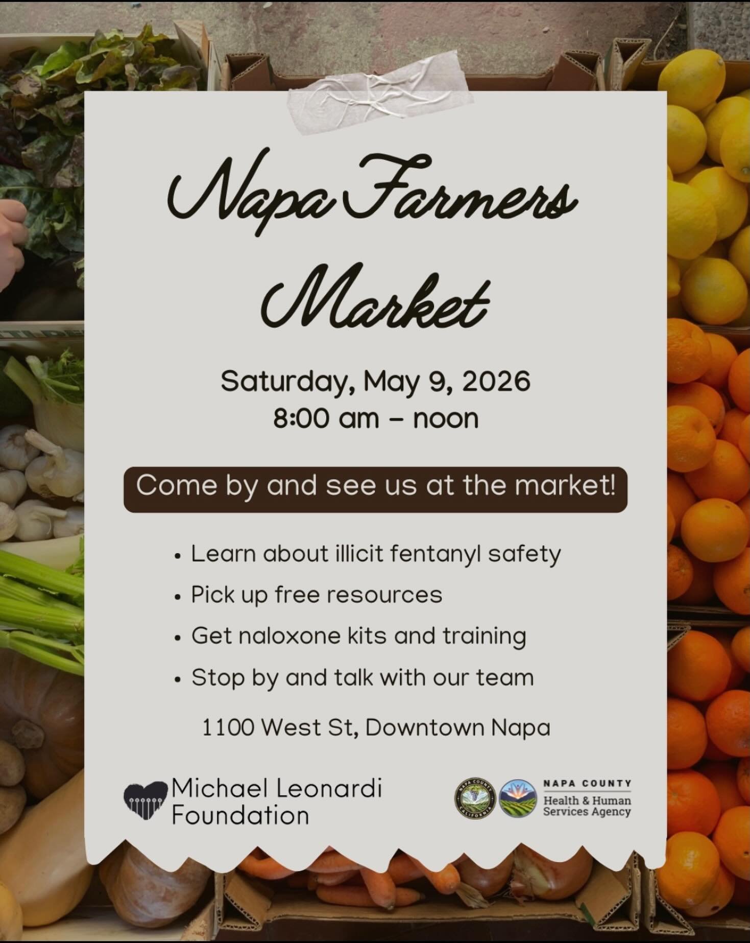 We&rsquo;ll be at the @napafarmersmkt this Saturday, May 9th from 8am-noon.

Stop by to learn more about llicit fentanyl safety, pick up free resources, and connect with our team. We&rsquo;ll also have naloxone kits and training available.

We look f