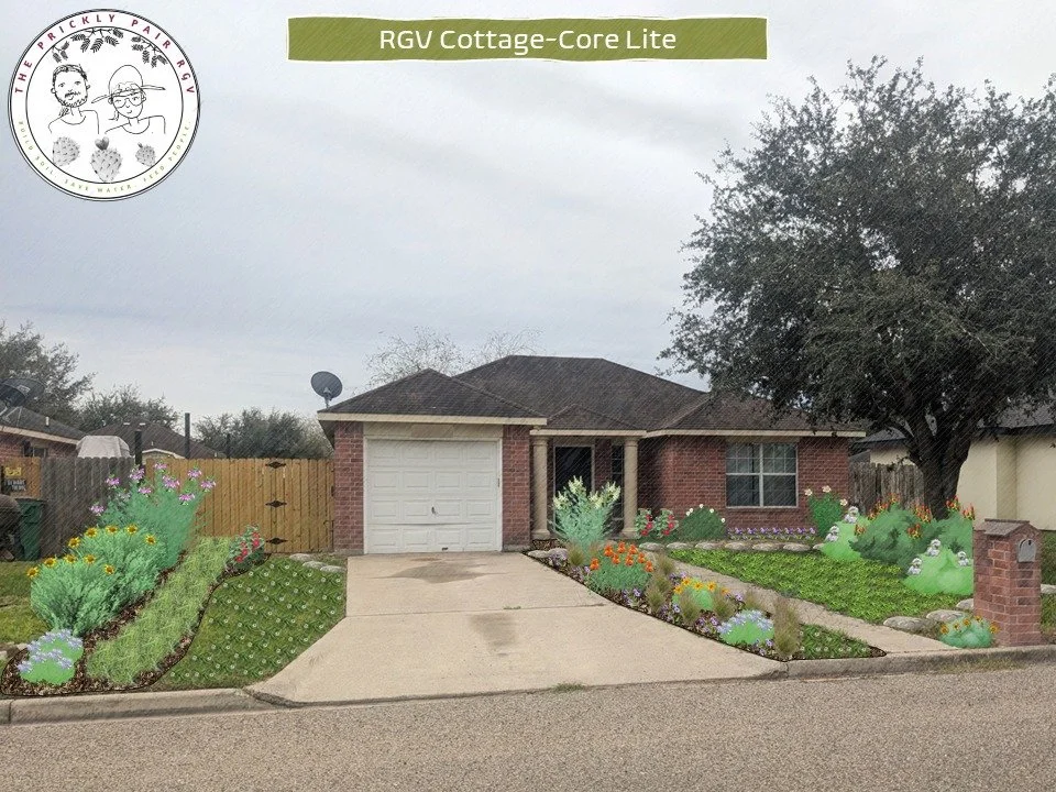 This is a sample design we put together for a typical residential yard here in Hidalgo County. Like many recently built homes, this one has a single Live Oak tree but not much else, making it a great blank slate to create a native landscape.

The hou