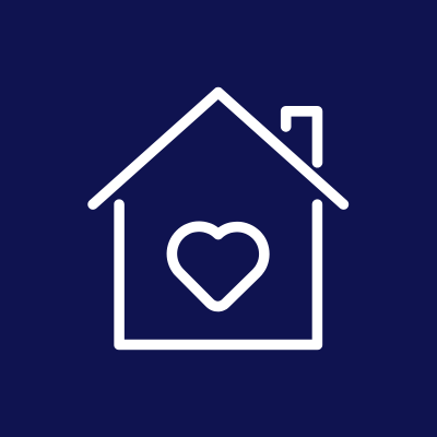A white outline of a house with a heart inside on a dark blue background.