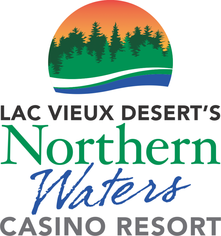 Logo for Lac Vieux Desert's Northern Waters Casino Resort with a sunset, green pine trees, and water waves.
