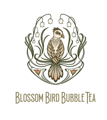 Illustration of a bird surrounded by lily of the valley flowers, with the text 'Blossom Bird Bubble Tea' below.