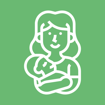 Line drawing of a woman holding a baby against a green background.