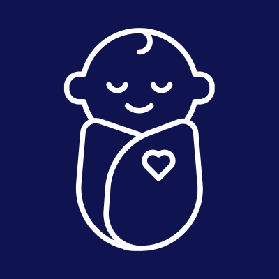 Minimalist line drawing of a smiling baby wrapped in a blanket with a heart on it, against a dark background.