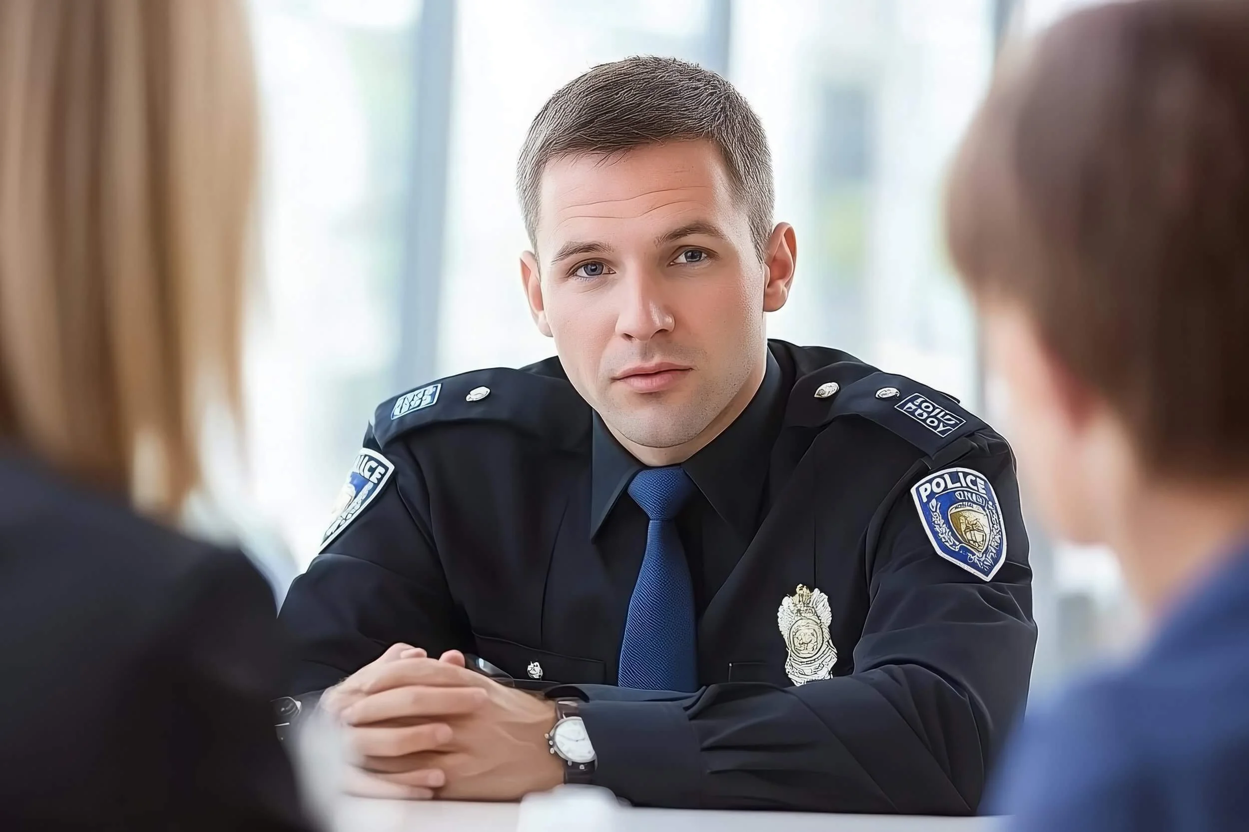 A male police officer in uniform sitting at a table during a meeting or interview with two people whose faces are not visible.