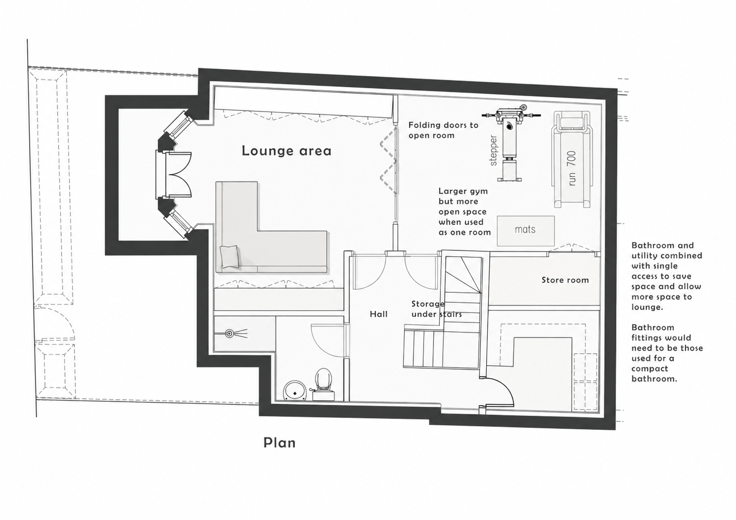 Plan of a multi-us space in a small downsizing apartment