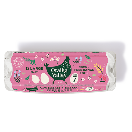 A photograph of Otaika Valley Free Range Eggs size 7 in a 12 pack carton