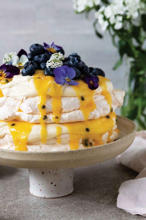 Layered Pavlova with Passionfruit Curd and Vanilla Cream